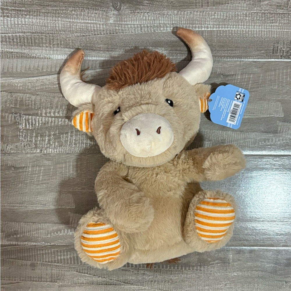 ! NEW ! Kawaii Brown Plush Bull Toy with Striped Accents and shaker inside